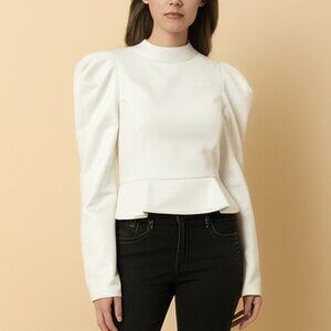 Express Faux Leather Top Size XS Ivory Mock Neck Puff Sleeve Peplum Punk